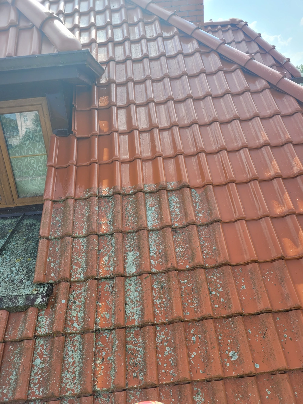 Fragment dachu z czerwonymi dachówkami, widoczne mycie dachu – część płytek oczyszczona, część pokryta zielonym nalotem