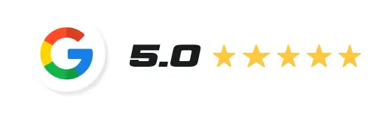 Logo Google z oceną 5.0 i pięcioma złotymi gwiazdkami